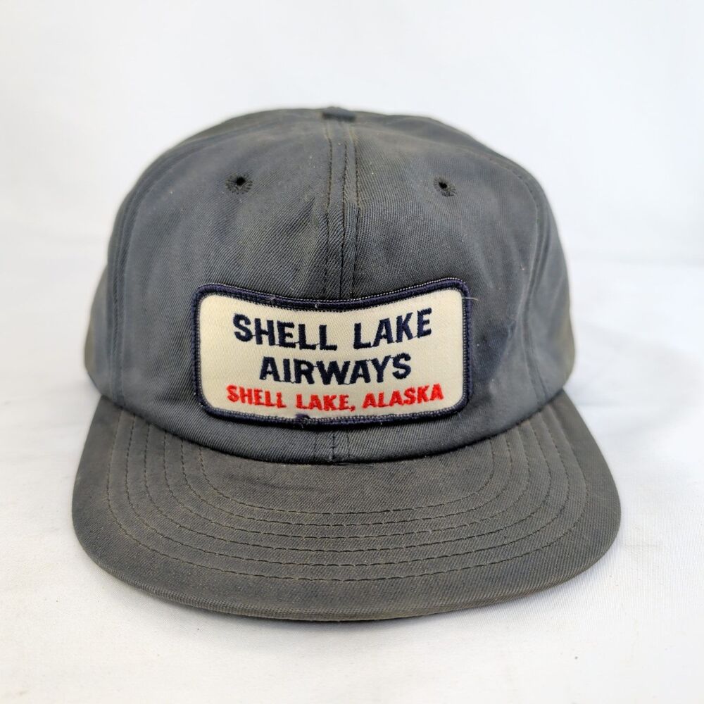 Vintage Shell Lake Airways Hat Alaska Monogram Snapback Trucker Cap Gray USA Mad